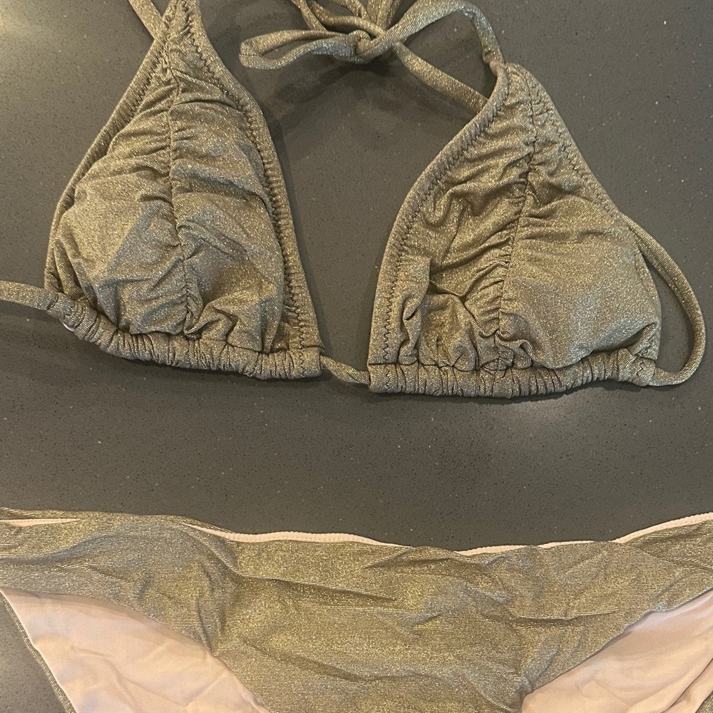Pilyq Shimmer khaki Olive metalliv Triangle Bikini Set